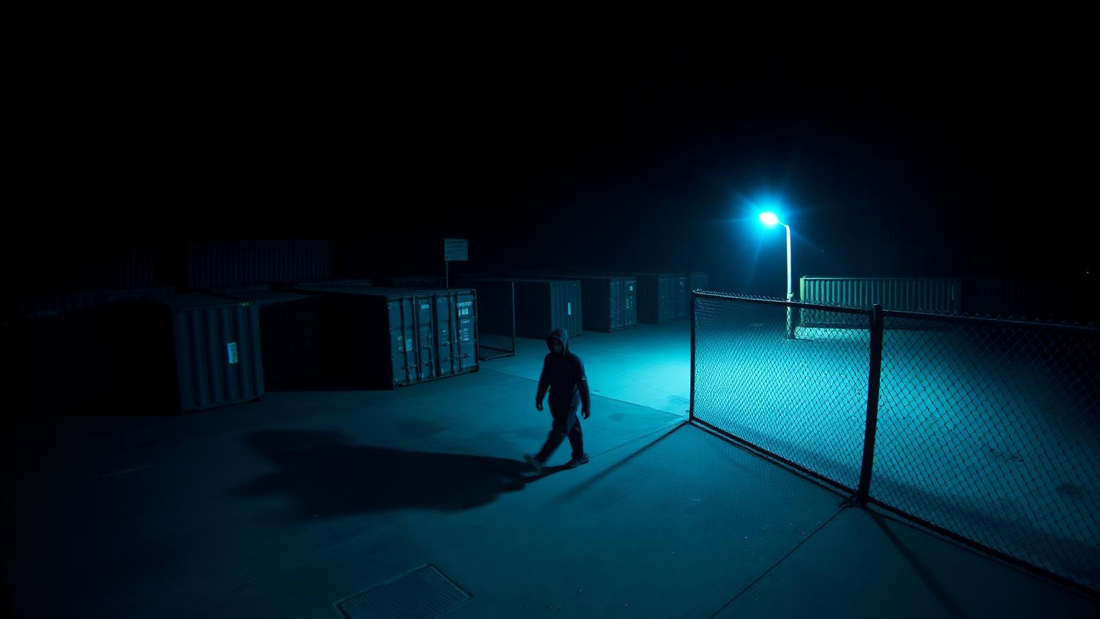 Night-vision security camera feed showing an intruder detected on a commercial perimeter