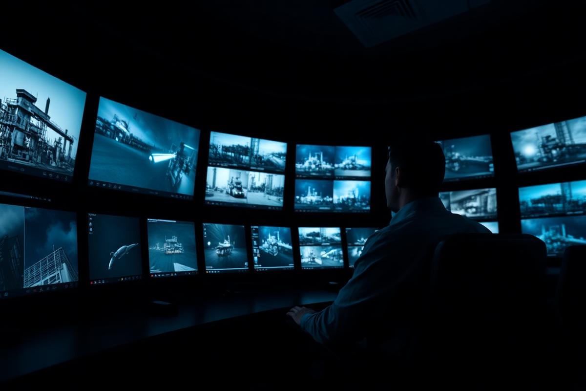 A trained CSG operator reviewing live camera feeds at a security operations centre